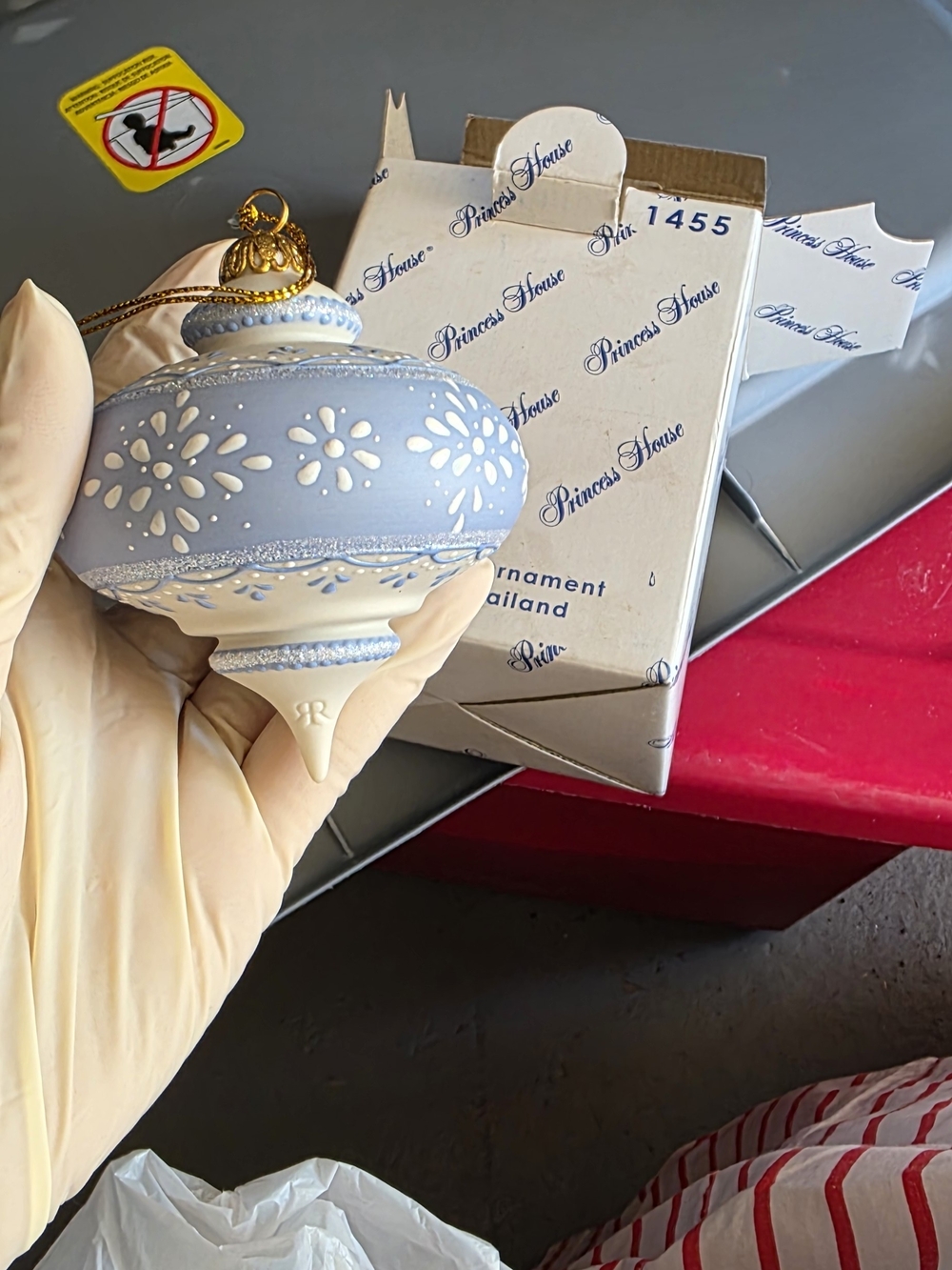 Princess House Blue and Cream Floral Glass Holiday Ornament